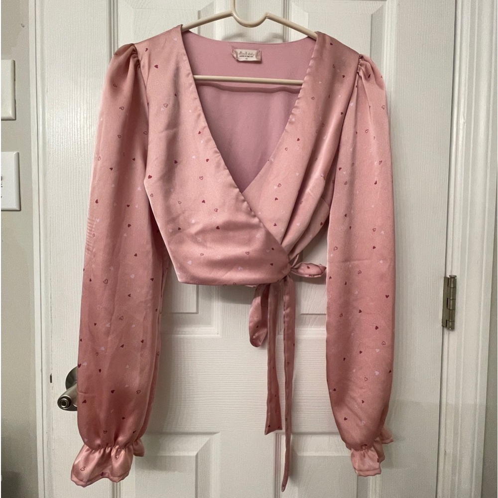 Altar’d State Pink Satin Wrap Blouse Top Shirt Hearts Medium